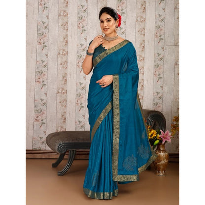 Generic Women's Vichitra Swiroshki Butta Saree With Unstitched Blouse (Blue, 5-6 Mtrs)