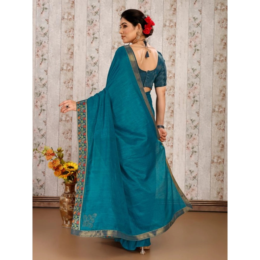 Generic Women's Vichitra Swiroshki Butta Saree With Unstitched Blouse (Teal Blue, 5-6 Mtrs)