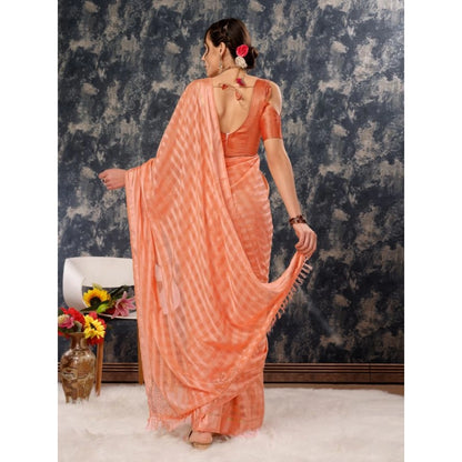 Generic Women's Chiffon Fabric Line Saree With Unstitched Blouse (Peach, 5-6 Mtrs)