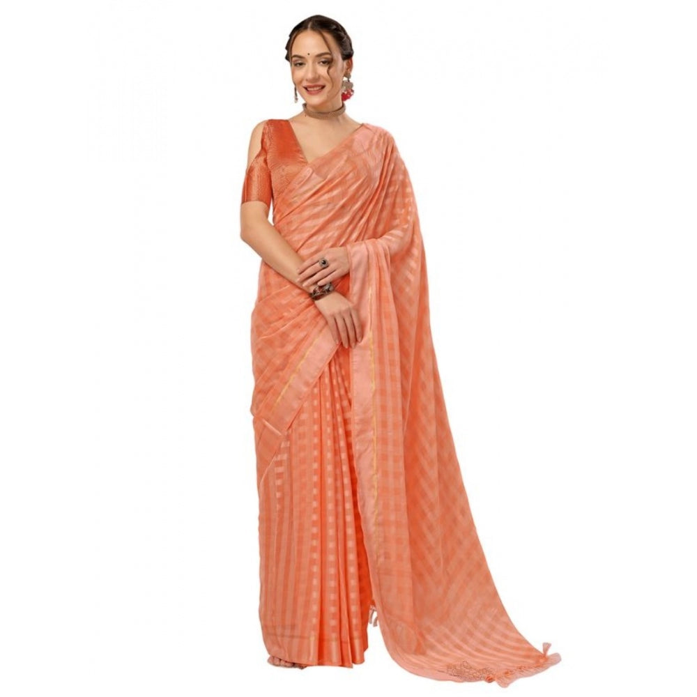 Generic Women's Chiffon Fabric Line Saree With Unstitched Blouse (Peach, 5-6 Mtrs)