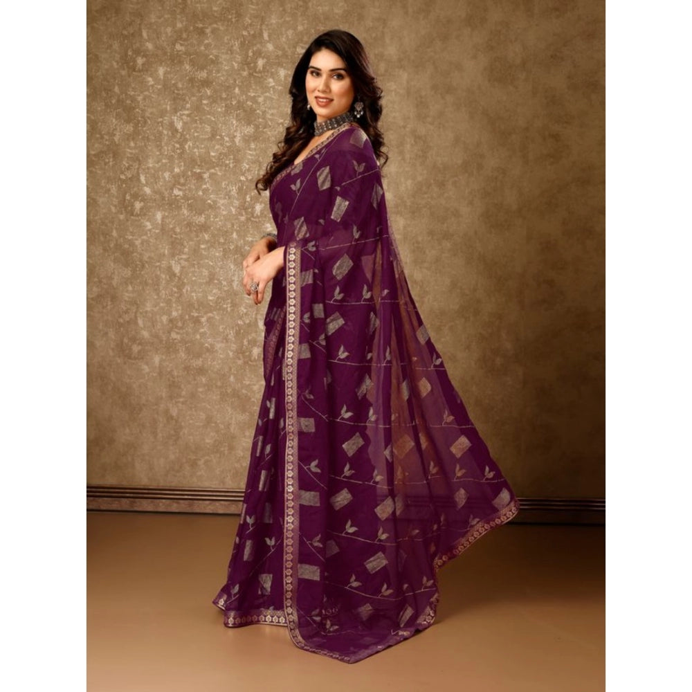 Generic Women's Zomto Patta Chiffon Saree With Unstitched Blouse (Wine, 5-6 Mtrs)