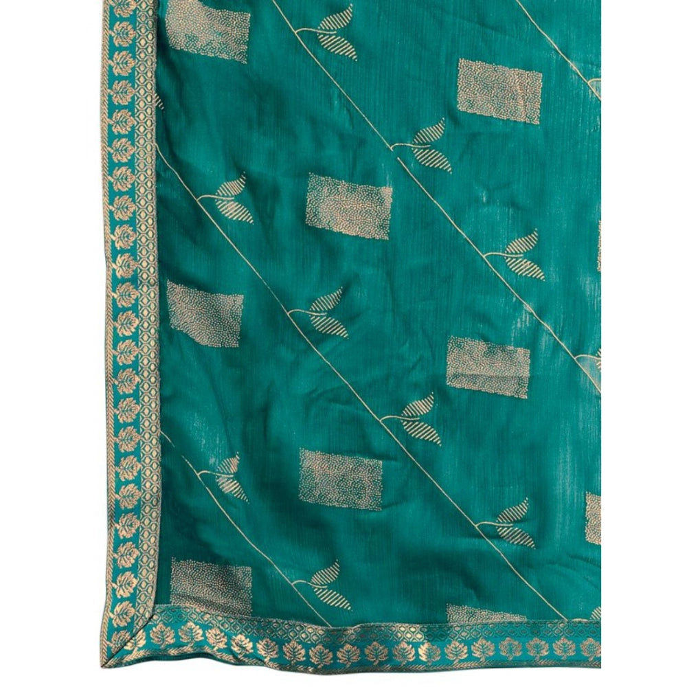 Generic Women's Zomto Patta Chiffon Saree With Unstitched Blouse (Teal Blue, 5-6 Mtrs)