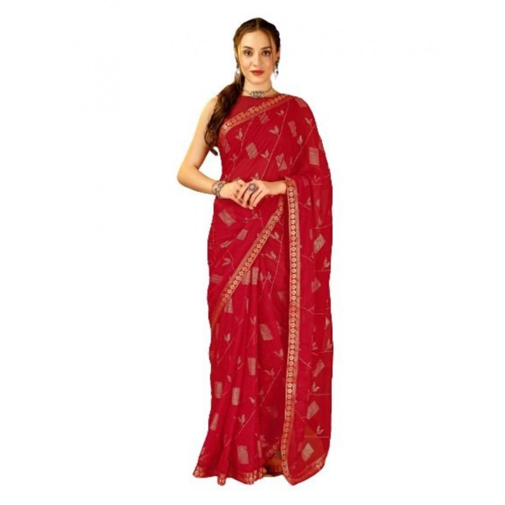 Generic Women's Zomto Patta Chiffon Saree With Unstitched Blouse (Red, 5-6 Mtrs)