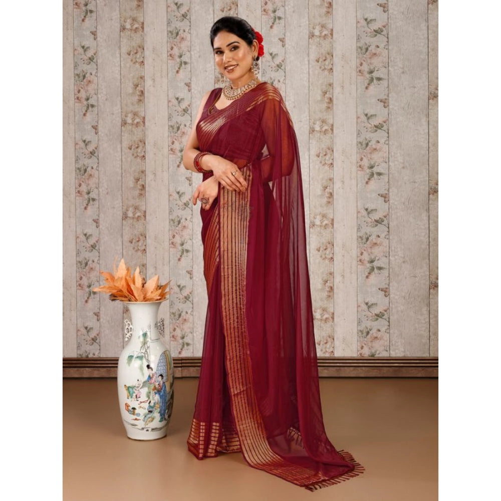 Generic Women's Chiffon Fabric Plain Saree With Unstitched Blouse (Maroon, 5-6 Mtrs)