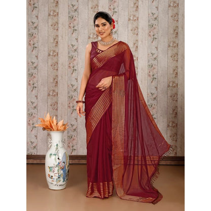 Generic Women's Chiffon Fabric Plain Saree With Unstitched Blouse (Maroon, 5-6 Mtrs)