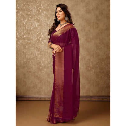 Generic Women's Chiffon Fabric Plain Saree With Unstitched Blouse (Wine, 5-6 Mtrs)