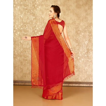 Generic Women's Chiffon Fabric Plain Saree With Unstitched Blouse (Red, 5-6 Mtrs)