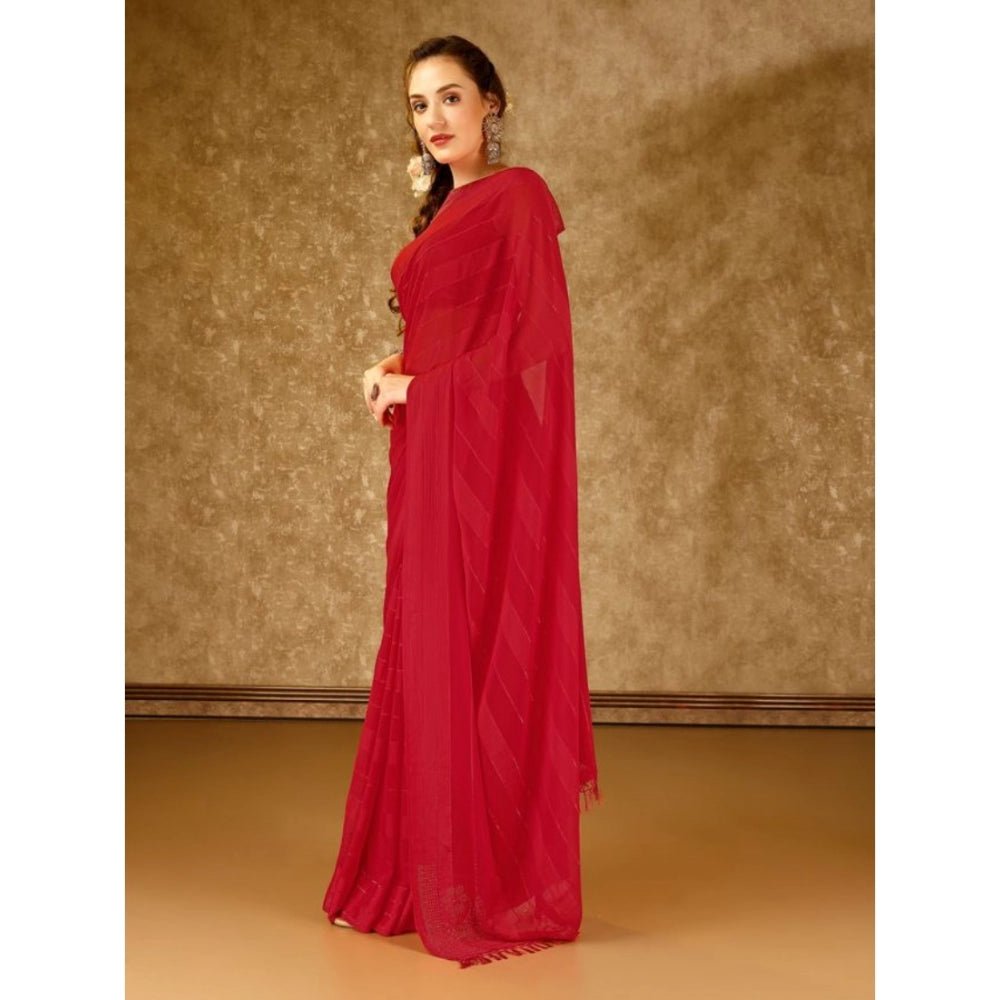 Generic Women's Chiffon Fabric Line Saree With Unstitched Blouse (Red, 5-6 Mtrs)