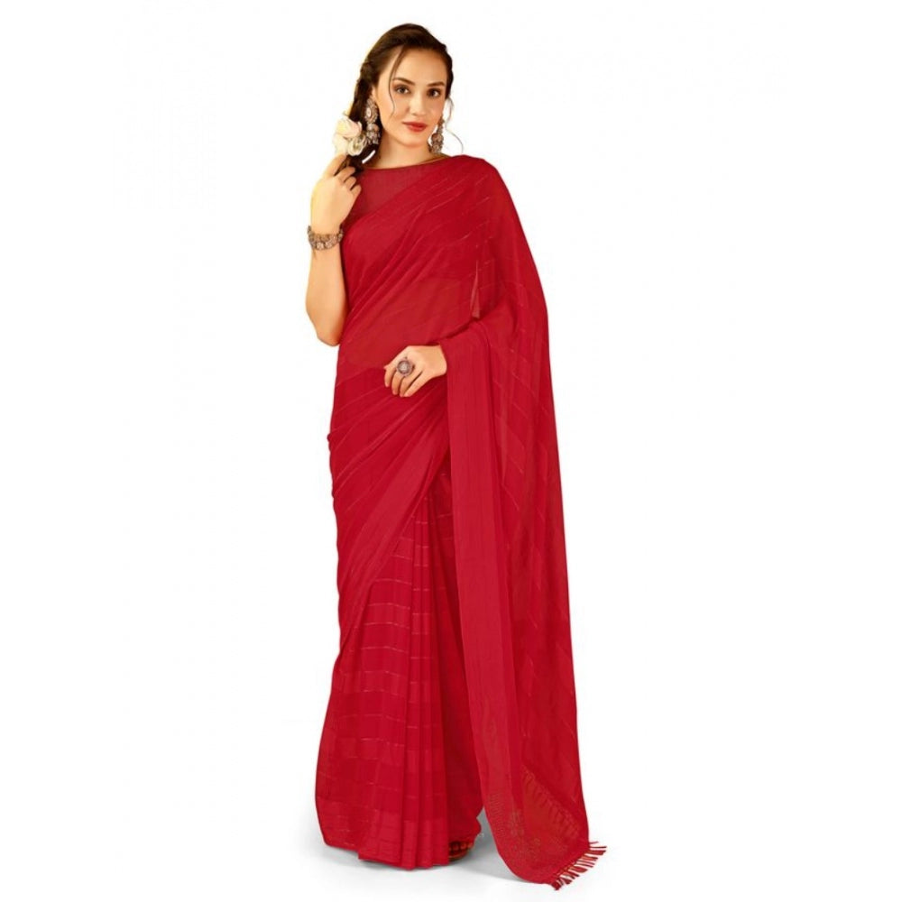 Generic Women's Chiffon Fabric Line Saree With Unstitched Blouse (Red, 5-6 Mtrs)