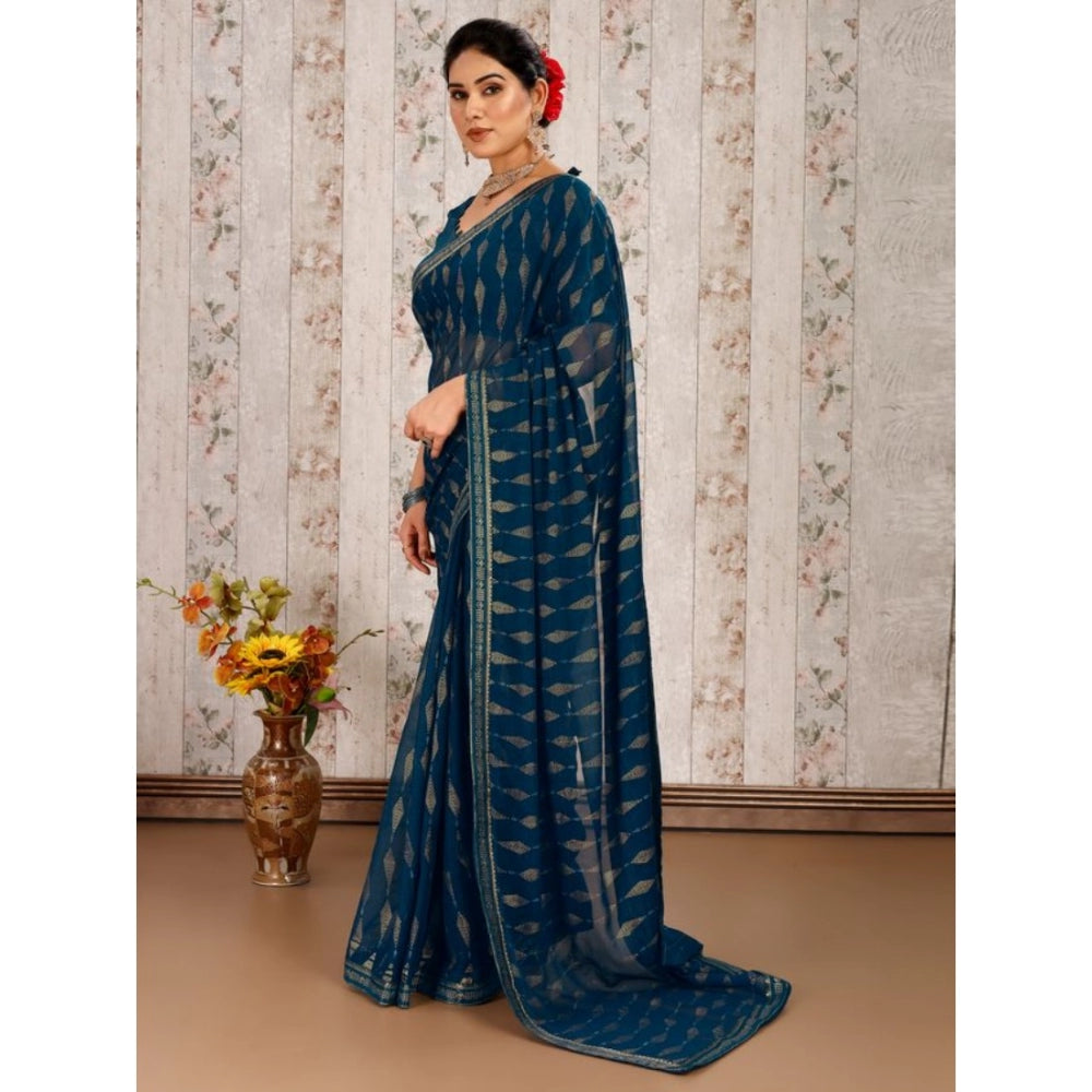 Generic Women's Zomto Laheriya Saree With Unstitched Blouse (Blue, 5-6 Mtrs)