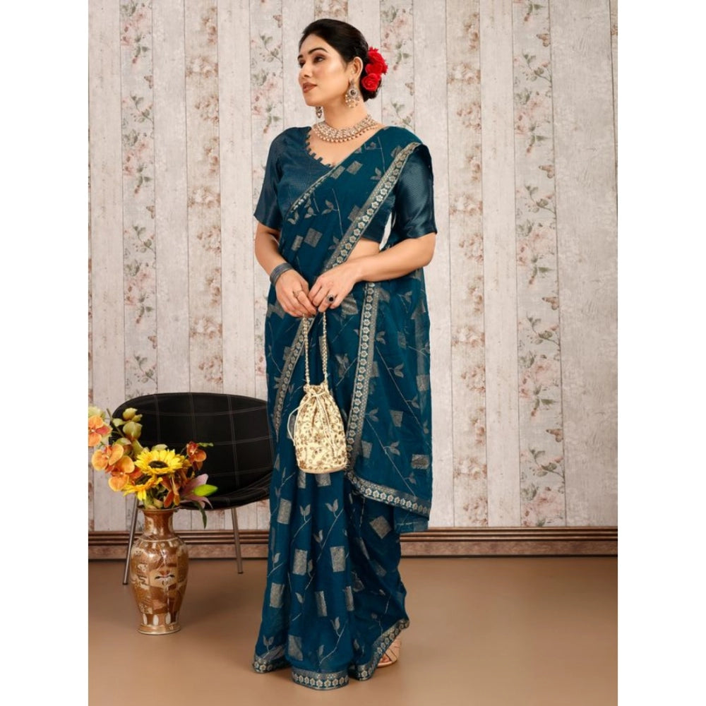 Generic Women's Zomto Patta Chiffon Saree With Unstitched Blouse (Blue, 5-6 Mtrs)