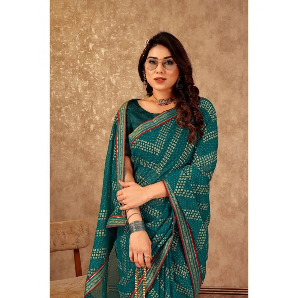 Generic Women's Zomto Zig Zag Saree With Unstitched Blouse (Teal Blue, 5-6 Mtrs)