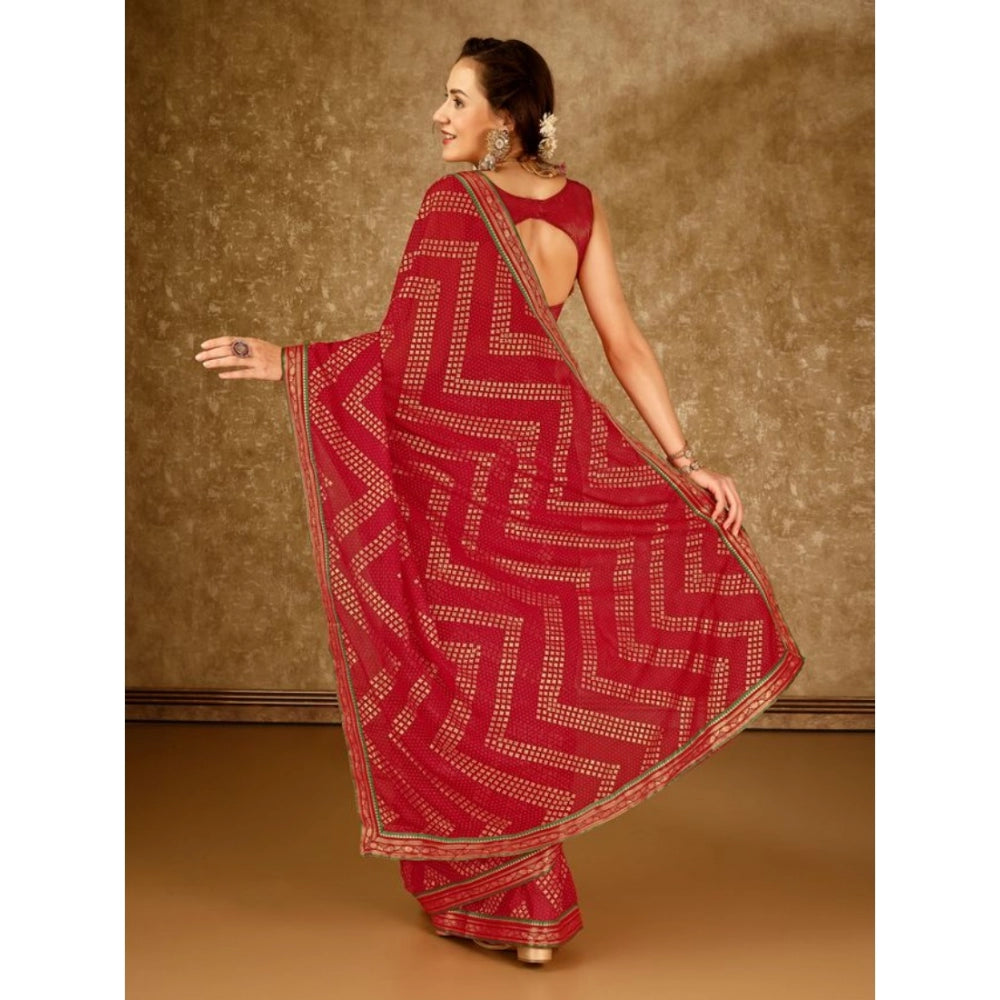 Generic Women's Zomto Zig Zag Saree With Unstitched Blouse (Red, 5-6 Mtrs)