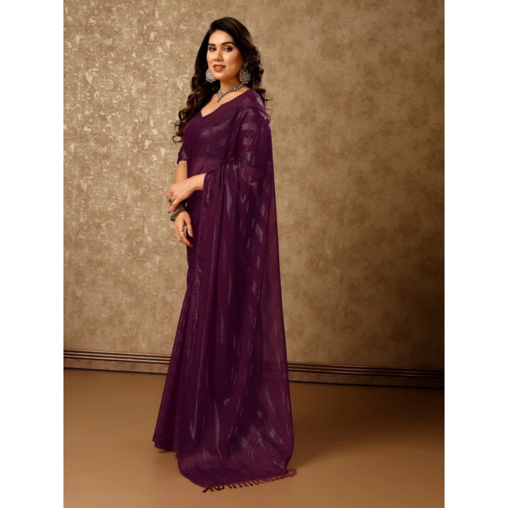 Generic Women's Chiffon Fabric Line Saree With Unstitched Blouse (Purple, 5-6 Mtrs)