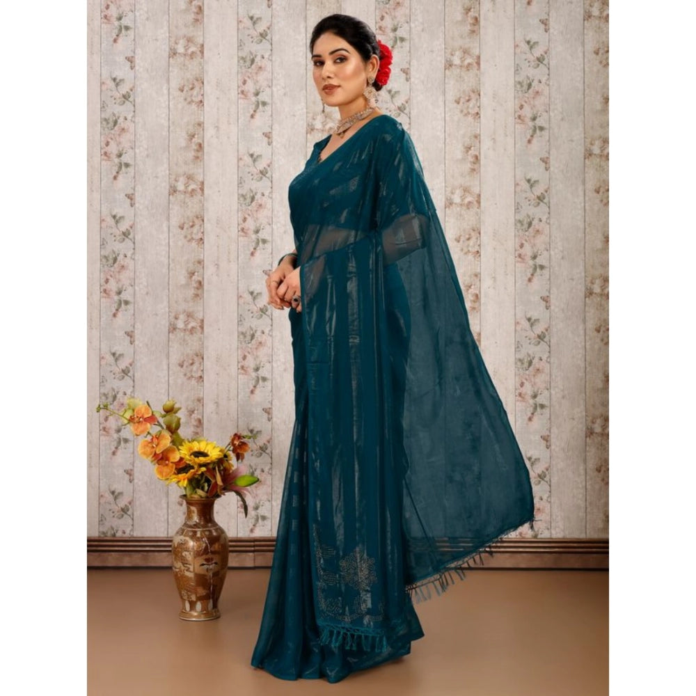 Generic Women's Chiffon Fabric Line Saree With Unstitched Blouse (Teal Blue, 5-6 Mtrs)