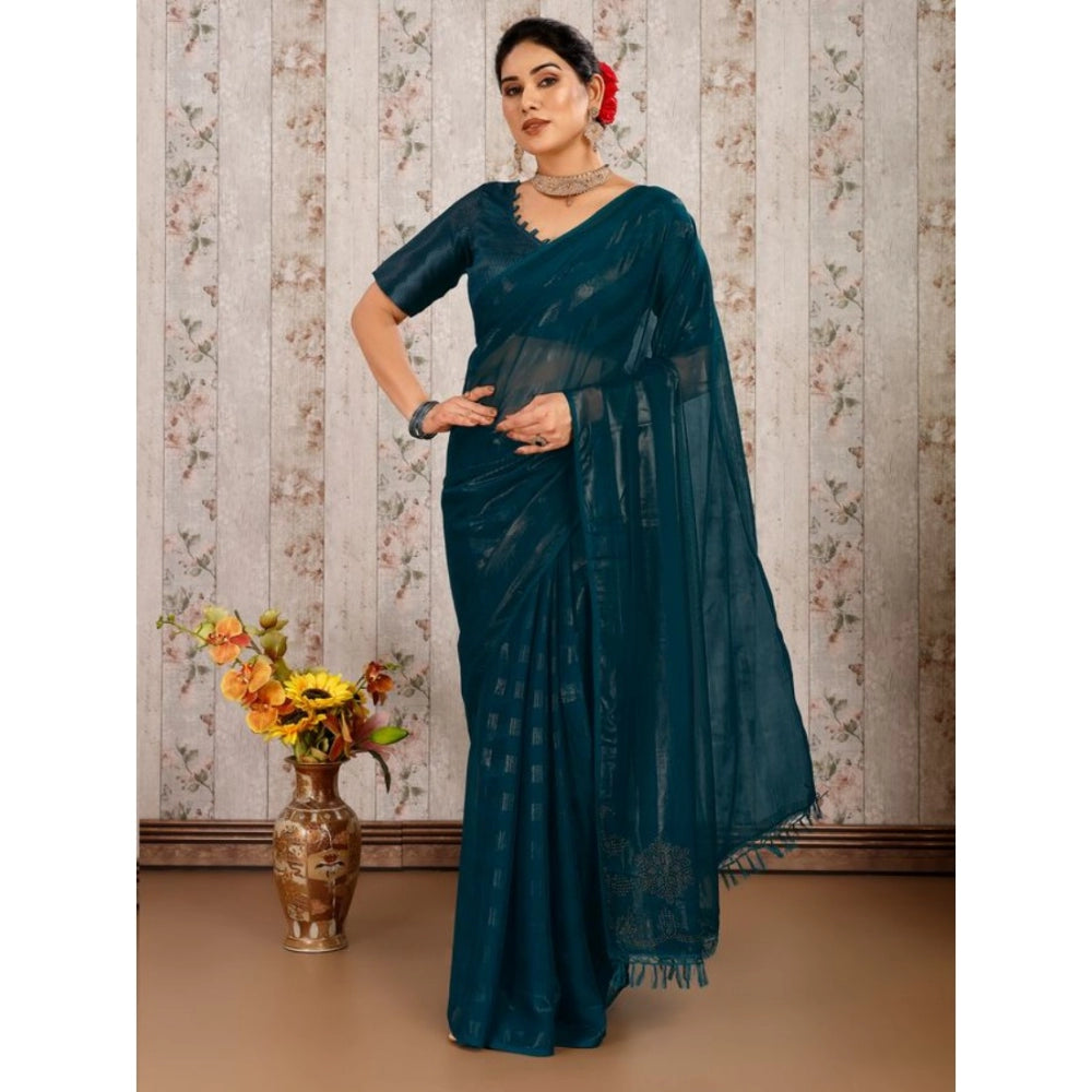 Generic Women's Chiffon Fabric Line Saree With Unstitched Blouse (Teal Blue, 5-6 Mtrs)