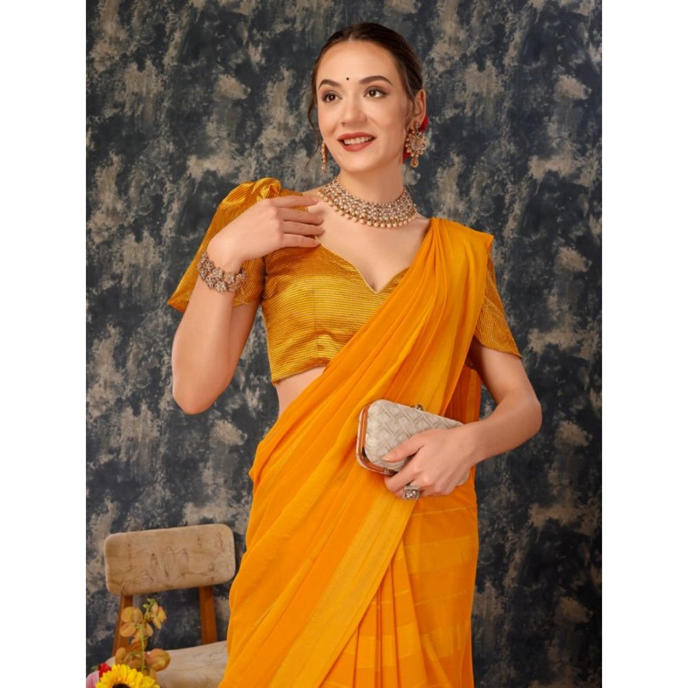 Generic Women's Chiffon Fabric Line Saree With Unstitched Blouse (Yellow, 5-6 Mtrs)