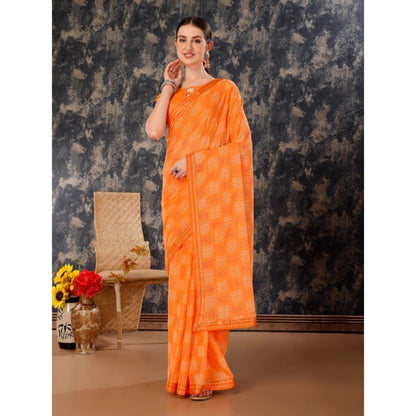 Generic Women's Zomto Checked Saree With Unstitched Blouse (Orange, 5-6 Mtrs)