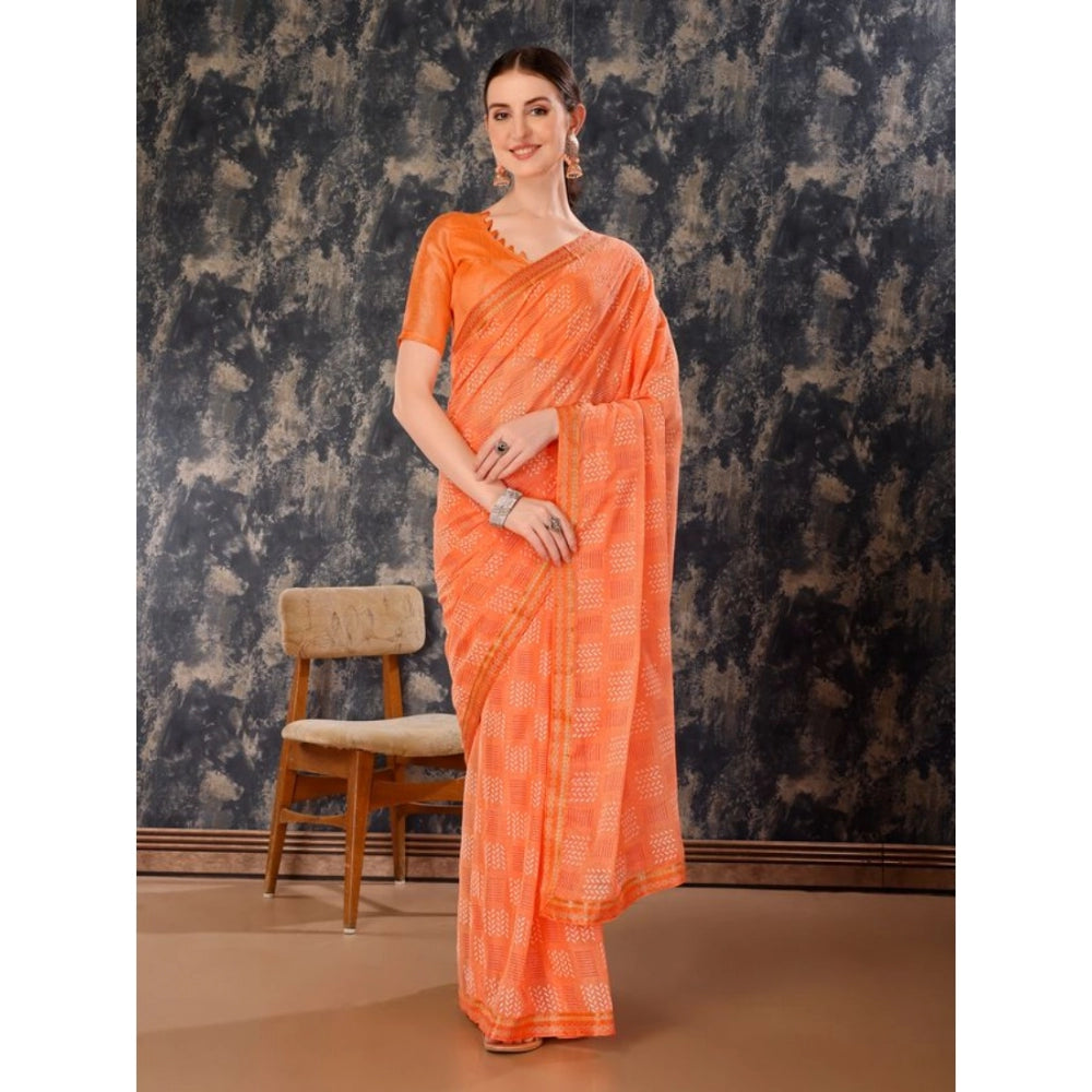 Generic Women's Zomto Checked Saree With Unstitched Blouse (Peach, 5-6 Mtrs)