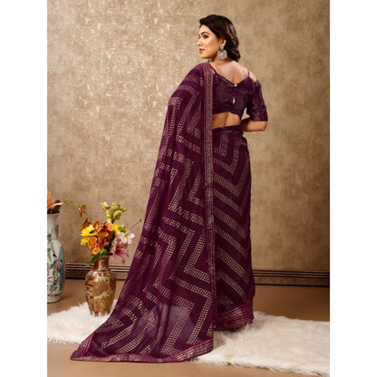 Generic Women's Zomto Zig Zag Saree With Unstitched Blouse (Wine, 5-6 Mtrs)