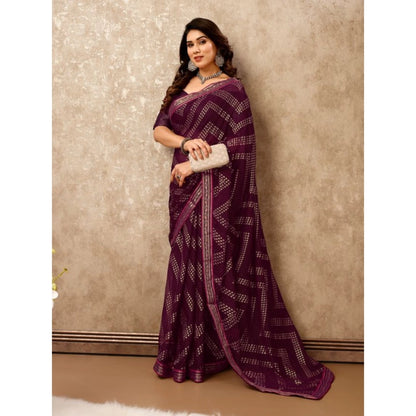 Generic Women's Zomto Zig Zag Saree With Unstitched Blouse (Wine, 5-6 Mtrs)