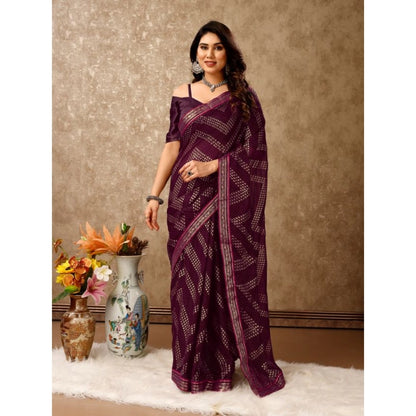 Generic Women's Zomto Zig Zag Saree With Unstitched Blouse (Wine, 5-6 Mtrs)