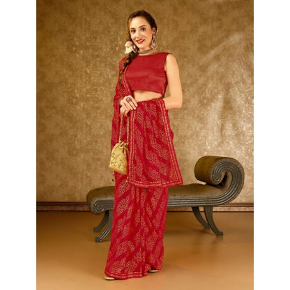 Generic Women's Zomto Bandhini Saree With Unstitched Blouse (Red, 5-6 Mtrs)