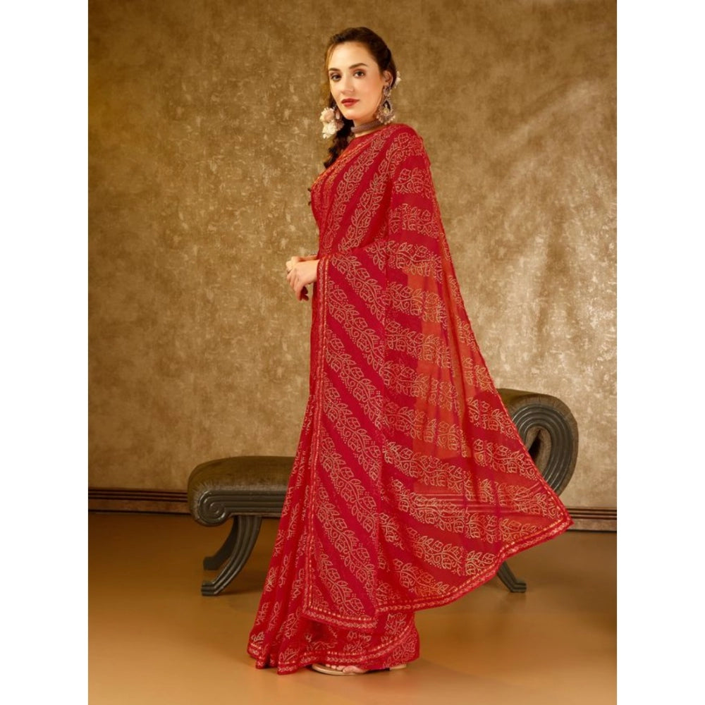 Generic Women's Zomto Bandhini Saree With Unstitched Blouse (Red, 5-6 Mtrs)