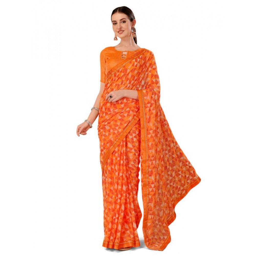 Generic Women's Zomto Printed Saree With Unstitched Blouse (Dark Orange, 5-6 Mtrs)