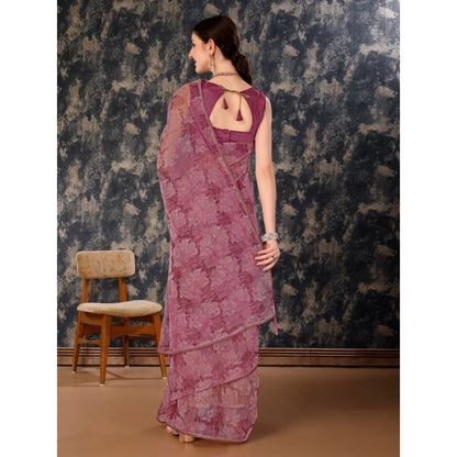 Generic Women's Linen Floral Printed Saree With Unstitched Blouse (Purple, 5-6 Mtrs)