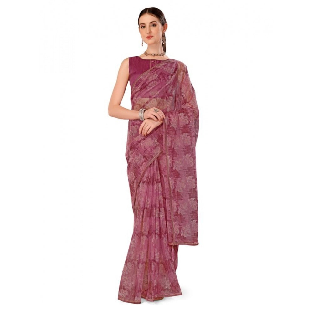 Generic Women's Linen Floral Printed Saree With Unstitched Blouse (Purple, 5-6 Mtrs)