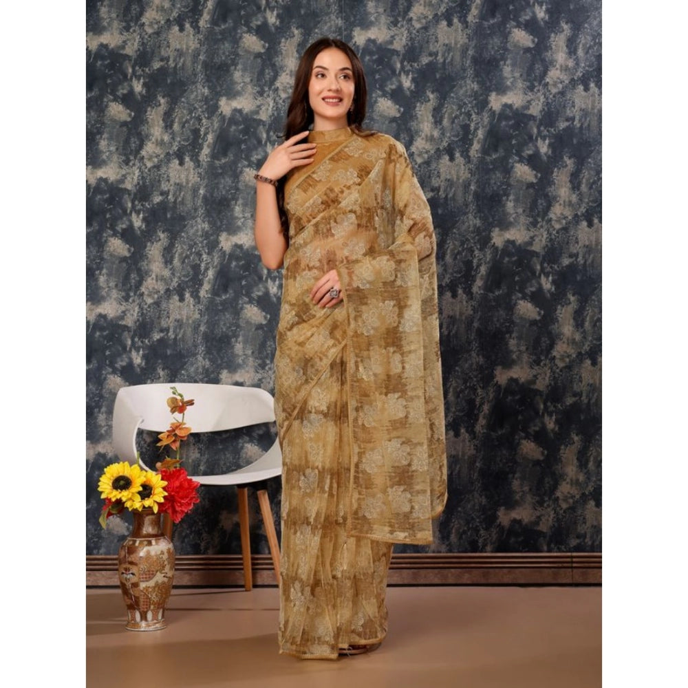 Generic Women's Linen Floral Printed Saree With Unstitched Blouse (Brown, 5-6 Mtrs)