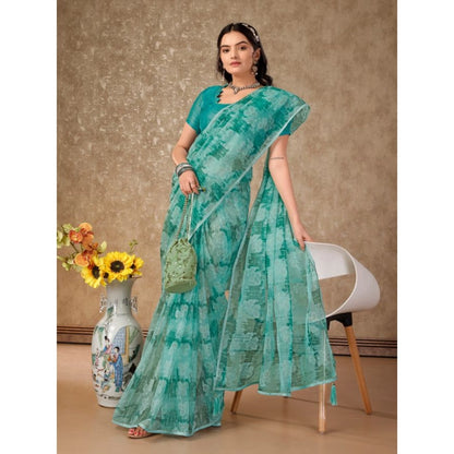 Generic Women's Linen Floral Printed Saree With Unstitched Blouse (Turquies Green, 5-6 Mtrs)