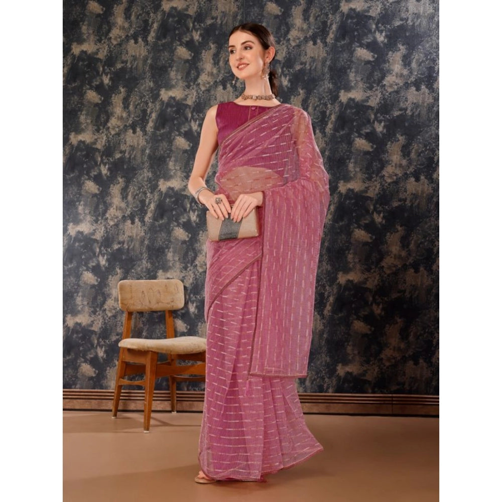 Generic Women's Linen Line Saree With Unstitched Blouse (Purple, 5-6 Mtrs)