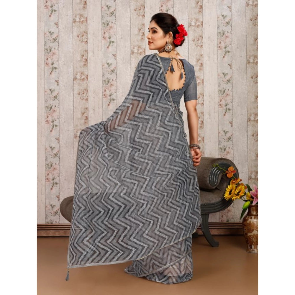 Generic Women's Linen Zig Zag Saree With Unstitched Blouse (Grey, 5-6 Mtrs)