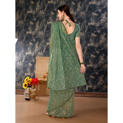 Generic Women's Linen Zig Zag Saree With Unstitched Blouse (Green, 5-6 Mtrs)