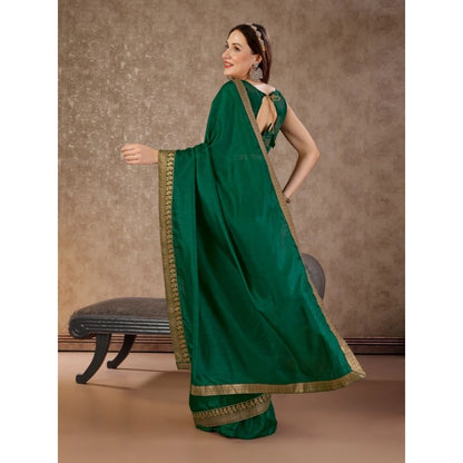 Generic Women's Vichitra Plain Saree With Unstitched Blouse (Green, 5-6 Mtrs)