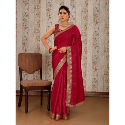 Generic Women's Vichitra Plain Saree With Unstitched Blouse (Maroon, 5-6 Mtrs)