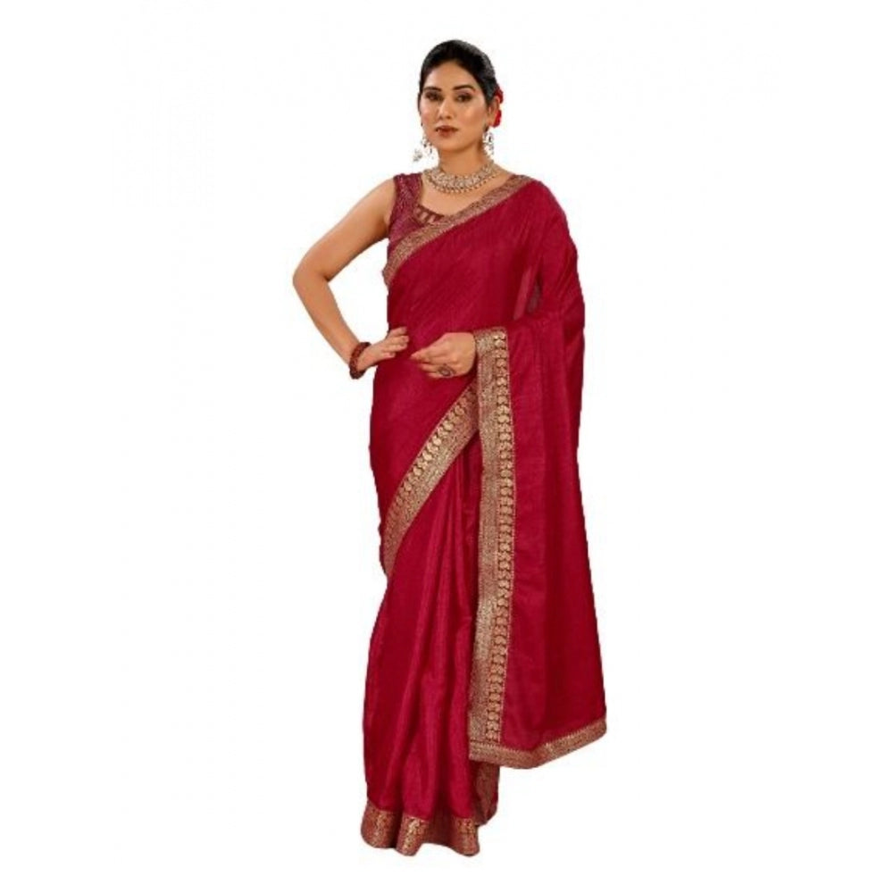 Generic Women's Vichitra Plain Saree With Unstitched Blouse (Maroon, 5-6 Mtrs)