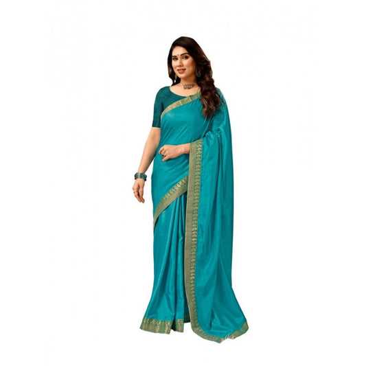 Generic Women's Vichitra Plain Saree With Unstitched Blouse (Teal Blue, 5-6 Mtrs)