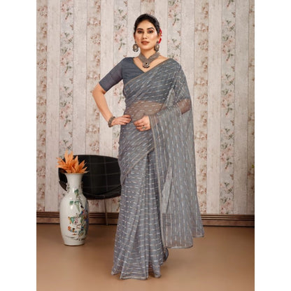 Generic Women's Linen Line Saree With Unstitched Blouse (Grey, 5-6 Mtrs)