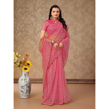 Generic Women's Linen Line Saree With Unstitched Blouse (Pink, 5-6 Mtrs)