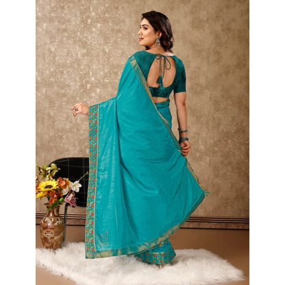 Generic Women's Vichitra Swiroshki Butta Saree With Unstitched Blouse (Turquoise Blue, 5-6 Mtrs)