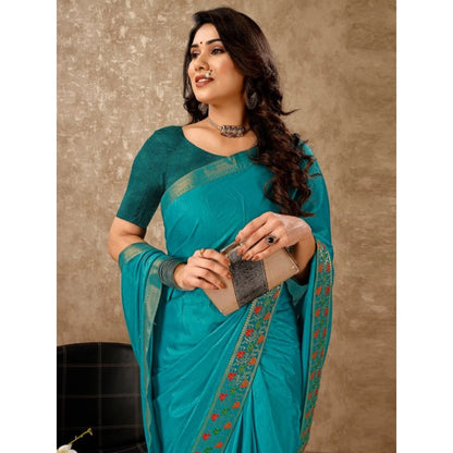 Generic Women's Vichitra Swiroshki Butta Saree With Unstitched Blouse (Turquoise Blue, 5-6 Mtrs)