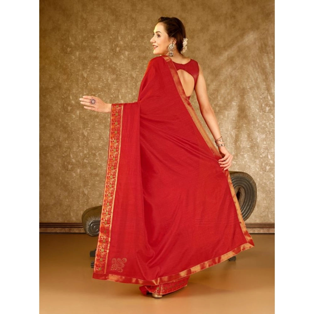 Generic Women's Vichitra Swiroshki Butta Saree With Unstitched Blouse (Red, 5-6 Mtrs)