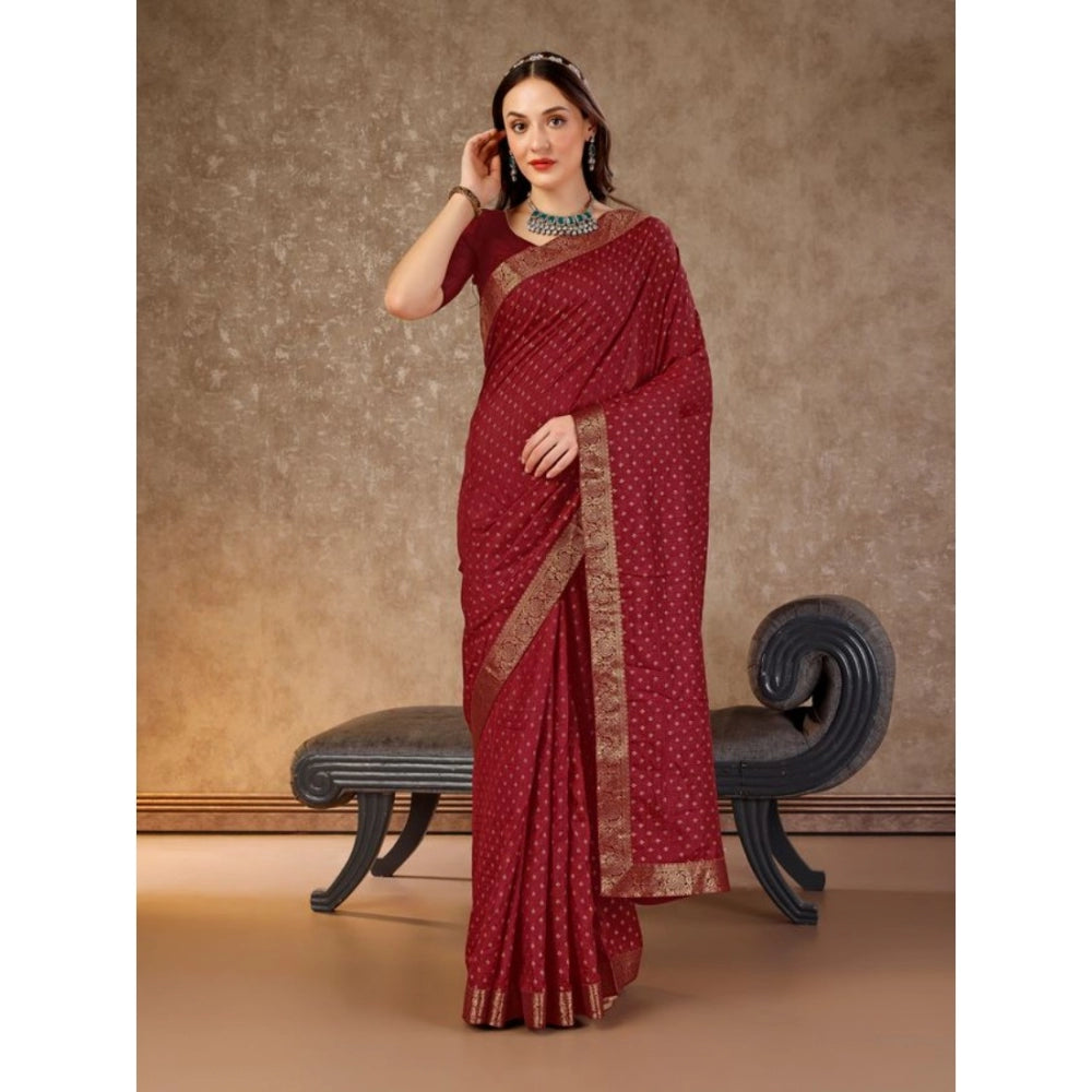 Generic Women's Vichitra Bandhani Saree With Unstitched Blouse (Maroon, 5-6 Mtrs)