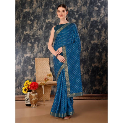 Generic Women's Vichitra Bandhani Saree With Unstitched Blouse (Blue, 5-6 Mtrs)