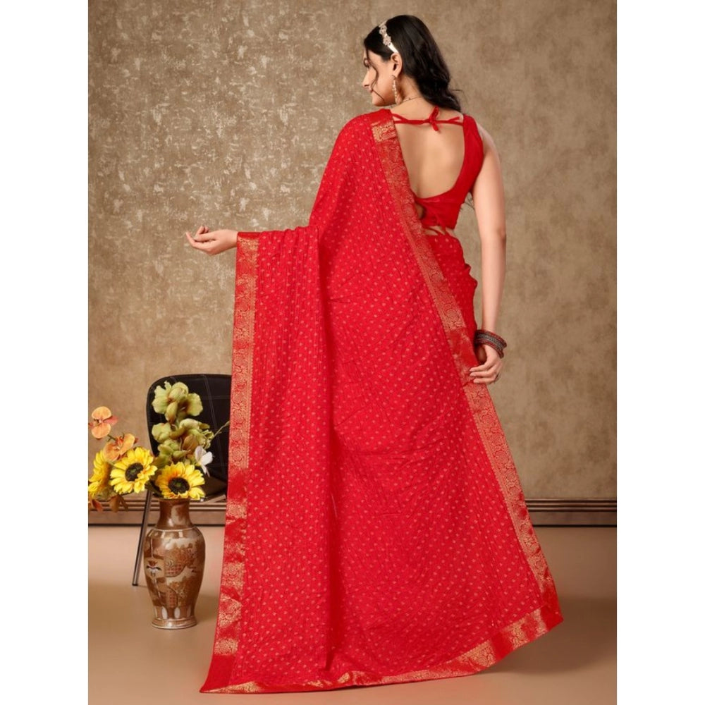 Generic Women's Vichitra Bandhini Saree With Unstitched Blouse (Red, 5-6 Mtrs)