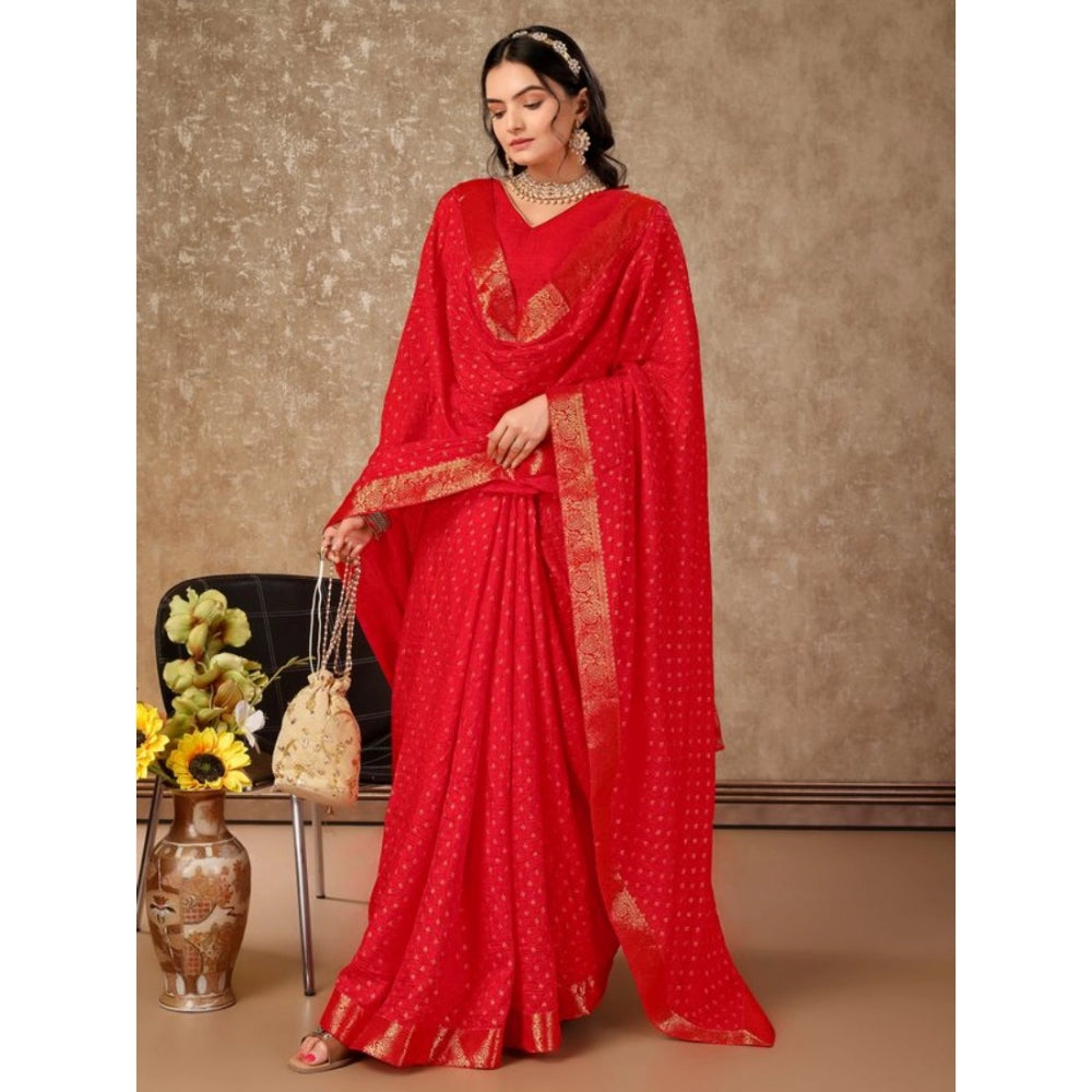 Generic Women's Vichitra Bandhani Saree With Unstitched Blouse (Red, 5-6 Mtrs)