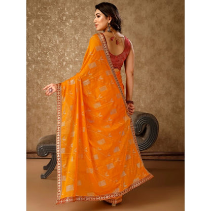 Generic Women's Zomto Patta Chiffon Saree With Unstitched Blouse (Yellow, 5-6 Mtrs)